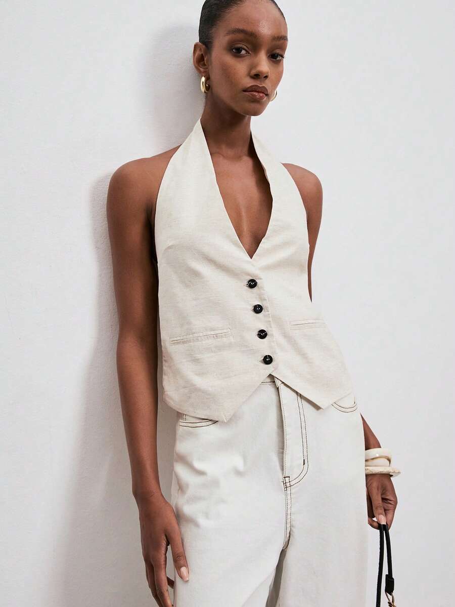 ATUI Studio Women's Beige Sleeveless Deep V-Neck Cinched Waist Vest, Sheer Atmosphere, Suitable For Dates, Vacations, And Daily Commute - Beige - View 1