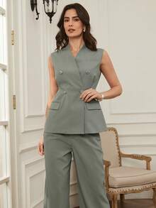 Dazy-Less 春夏修身休闲通勤职业套装，短款上衣搭配直筒裤，优雅通勤复古风，女士之选 - 綠色 - 查看 4