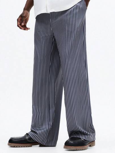 SUMWON Men Relaxed Wide Leg Striped Pants Casual Loose Drawstring Waist Elastic Cuff Pajama Style Summer Comfort Loungewear Trousers