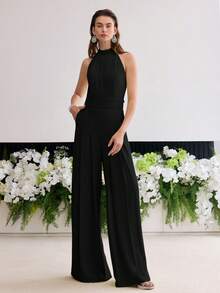MOTF PREMIUM Bộ jumpsuit ống rộng, màu trơn, xếp ly, có túi bên hông, kiểu cổ yếm, màu trơn. - màu đen - Xem 6