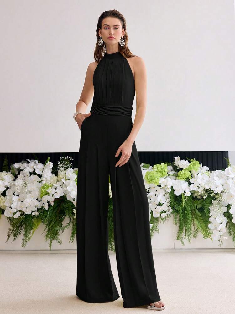ELEGANT MINIMALIST SOLID COLOR PLEATED SIDE POCKET HALTER WIDE LEG JUMPSUIT