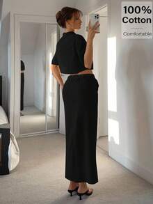 Siren Gaze 2pcs/Set Women Solid Color Short Sleeve Zip Up Cropped Top & Skirt Women Summer Clothing Women Summer Sets Woman S Summer Clothes Women Plus Clothing Business Casual Women Plus Clothing Formal Cotton 2 Pieces Set Women Two Pieces Skirt Set Women 2 Pieces Casual Set Women Zip Up 2 Pieces Set Shirt And Skirt Set Black - Black - View 5