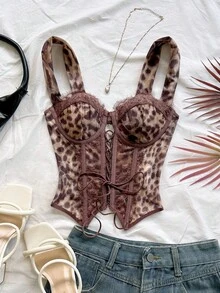 Soleia Lace Sexy Sheer Strap Tie-Up Camisole Top, Party Women Outfits For Night Out, Cocktail Party, Club, Birthday, Holiday, Date, Vacation - Brown - View 3