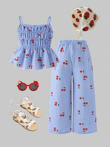 SHEIN Young Girl' Cute Striped Bow Print Camisole And Flowy Wide Leg Pants Set, Summer - Multicolor - View 2