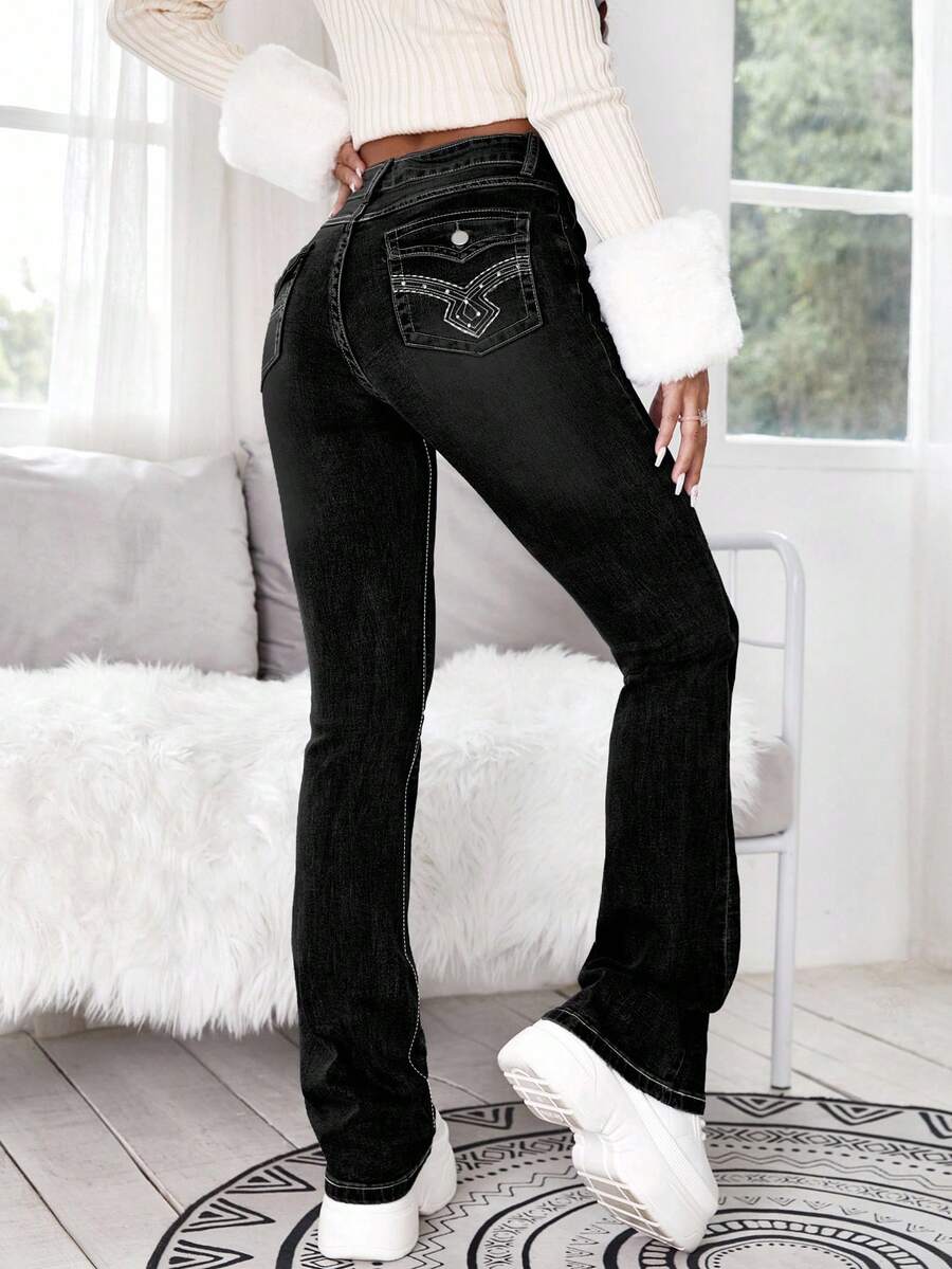 SHEIN ICON Quần jeans ống loe cạp cao thêu họa tiết hình học Y2k dành cho nữ có 4 túi - màu đen - Xem 1