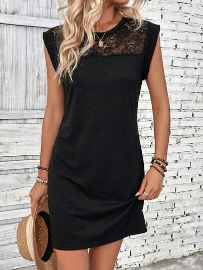 GlowEve Women's Solid Color Lace Patchwork Round Neck Casual Versatile Dress