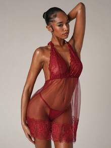 SHEIN BAE 女士蕾丝与网眼撞色露背娃娃裙内衣 - 酒紅色 - 查看 1