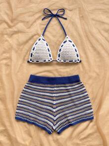 Soleia Plus Size Spring/Summer Casual Vacation Western Beach Wedding Guest Attire, Graduation Brunch, St. Patrick's Day Spring Break, Easter, Music Festival, Elegant Boho Tropical Chic Blue Striped Knit 2 Pieces Set,Summer Outfits,Spring Outfit Women, Festival Outfits For Women,Beach Outfits For Women ,Beach Vacation Outfits For Women, - Multicolor - View 5