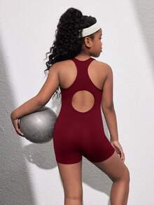 SHEIN Tween Girls' Casual Sports Yoga U-Neck Hollow Back Jumpsuit Activewear, Spring/Summer - Burgundy - View 4