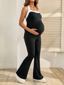 SHEIN Lässiger Jumpsuit für schwangere Frauen mit Kontrast-Farben und rückenfreiem Trägerteil, geeignet für Frühling/Sommer Alltagsoutfit - Schwarz und Weiss - Übersicht 6