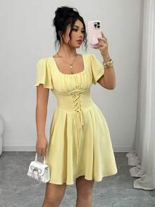 Selianne Women's Elegant Ruched U-Neck Tie-Waist A-Line Ruffle Sleeve Pale Yellow Summer Dress,Suitable For Work,Vacation,Day Party,High Tea,Spring Short Dress - Pale Yellow - View 6