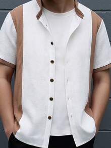 SHEIN Teen Boys' Beige Patchwork Khaki Contrast Collar Summer Beach Shirt, Casual, Collegiate, Comfortable, Fashionable, Versatile, Soft Fabric, Suitable For Daily Wear, School, Outings, Music Festivals, Holidays, Beach Vacations, Summer Vibes, Festivals, Spring/Summer Aesthetic Shirts Half Shirt Summer Shirt - Multicolor - View 7