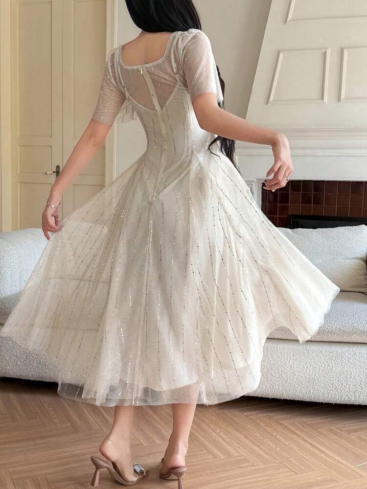 Women's Elegant Sequin Ruffle Sleeve Mid-Length Dress, Summer Wedding Guest Dress Sundress