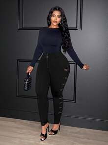Slaydiva Quần skinny giả da màu đen cạp cao cỡ lớn, phù hợp cho mùa xuân, hè, thu và đông - Màu đen - màu đen - Xem 7