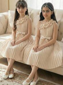 SHEIN Tween Girl Elegant Asymmetric Shoulder Ruched Ruffle Hem Ruched Loose A-Line Woven Solid Color Dress, Apricot, Spring/Summer - Apricot - View 4