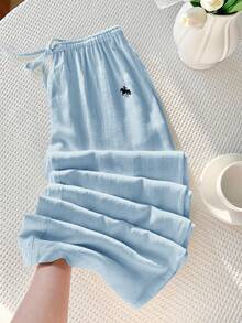 Comfortcana 浅蓝色梭织女式刺绣打结阔腿裤，百搭 - 淺藍色 - 查看 8