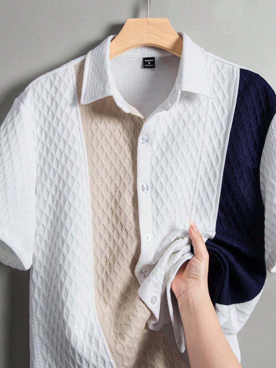 Manfinity Homme 男士夏季休闲纹理前开襟撞色短袖衬衫 - 白色 - 查看 1