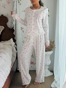 SHEIN Lace Trim Round Neck Cardigan Long Sleeve & Pants Butterfly Print Pajama Set - White - View 7