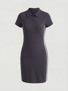 DEVIT Vestido Polo Midi de Manga Corta con Franjas Laterales en Tela Lisa - Negro - Ver 6