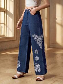 Selenza 女士花卉刺绣阔腿宽松休闲牛仔裤 - 藍色 - 查看 3