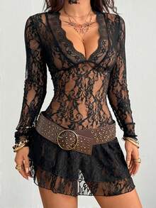 Coolane 女士秋冬街头复古外出狂欢装扮休闲波西米亚西部风Y2K蕾丝棕色V领长袖迷你荷叶边连衣裙 - 黑色 - 查看 3