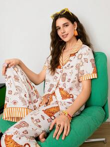 Chillnights 女士休闲撞色豹纹、星星、月亮、天秤座印花舒适宽松翻领纽扣前开襟梭织睡衣套装 - 彩色 - 查看 3