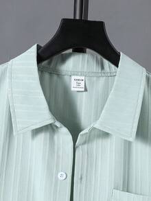 SHEIN 青少年男童纯色领单排扣休闲百搭日常短袖衬衫 - 綠色 - 查看 7