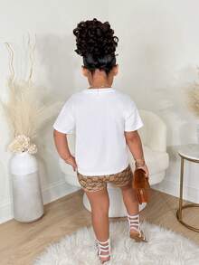 2件套女童小熊印花白色针织T恤和打底裤，休闲日常时尚套装 - 彩色 - 查看 4