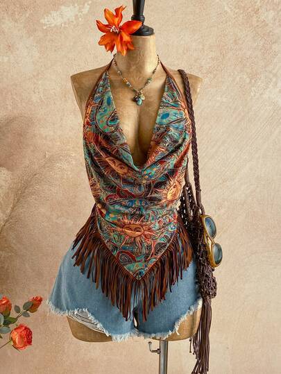 Soleia Women's Casual Vacation Textured Knit Fringe Hem Beach Wedding Season Sun Face Print Draped Neck Camisole, Suitable For Music Festivals, All Seasons