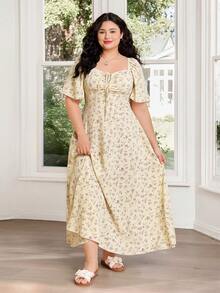 Solflare 春夏新款休闲连衣裙，适合外出、日常、派对、音乐节、返校、毕业典礼、度假、婚礼、通勤、街头穿搭等多种场合，可外穿或内搭，荷叶边袖口，胸部褶裥设计，收腰剪裁，长款下摆，奶油色碎花图案，及地长款，大码尺码 - 彩色 - 查看 4