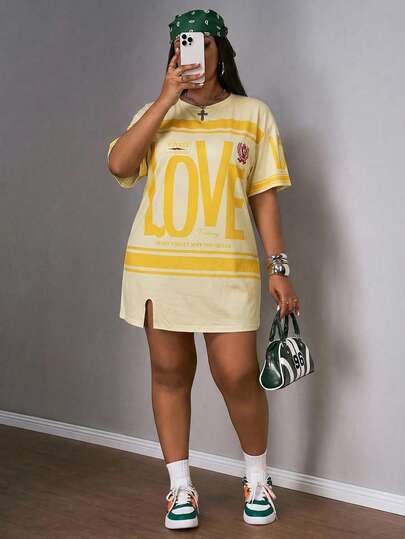 Slaydiva 大码早春度假休闲粉色侧开衩落肩短袖连衣裙