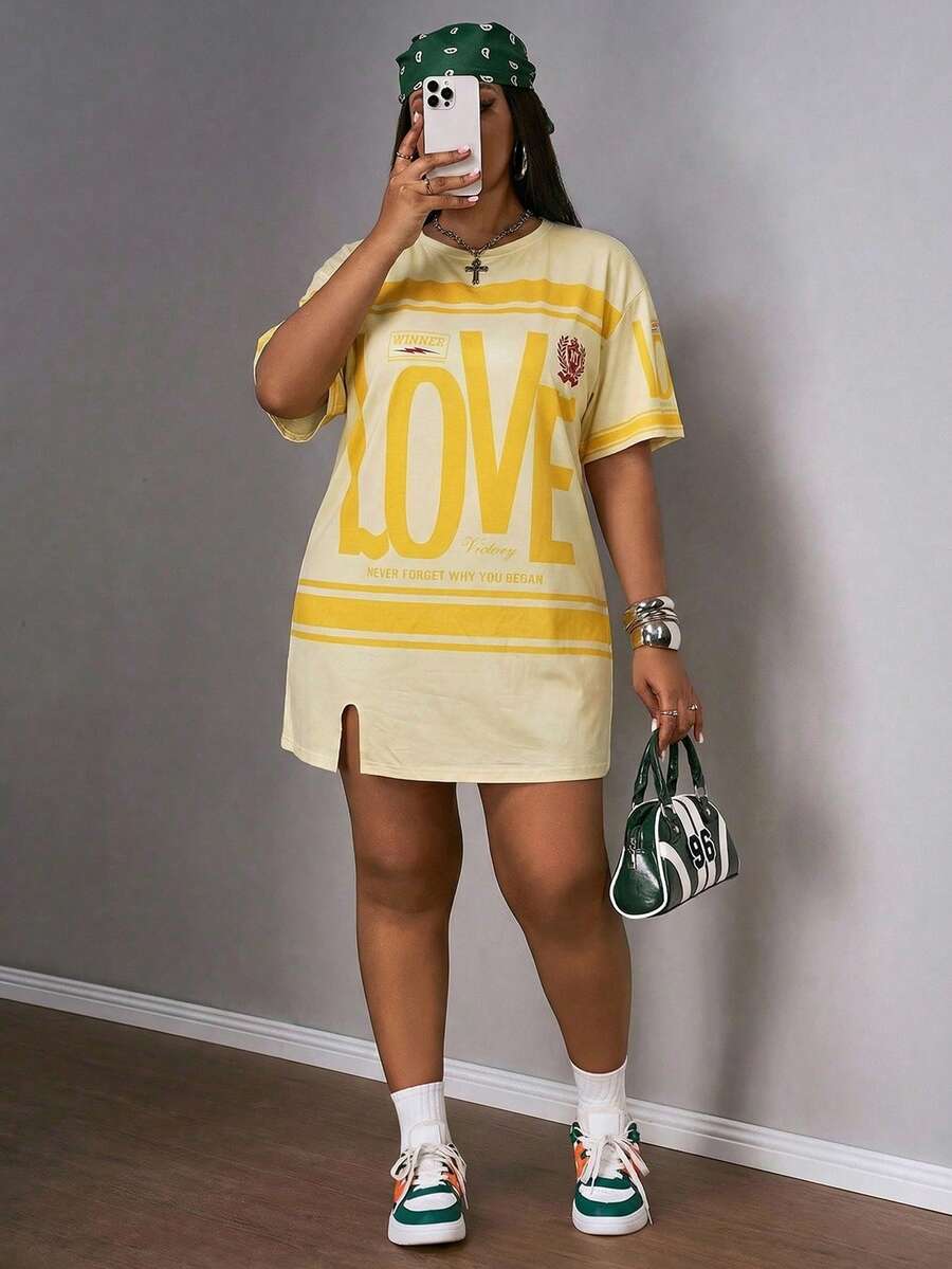 Slaydiva Vestido de manga corta con abertura lateral, hombros caídos y color rosa para vacaciones de principios de primavera en tallas grandes - Amarillo - Ver 1
