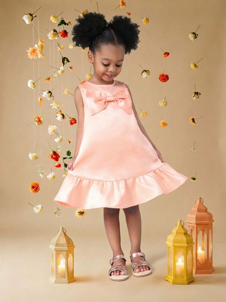 Satin Dress With Bow And Ruffle Hem