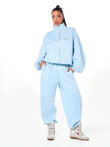 BABYPHAT Oversized Funnel Neck Full Zip Sweatshirt With Rhinestone Crystal Embellishments Long Sleeve Casual Comfort Winter Streetwear - Baby Blue - View 3