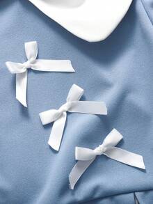 Teen Girl Elegant Peter Pan Collar Color Block Puff Sleeve Dress - Blue - View 4