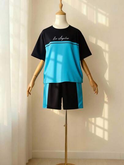 SHEIN 2pcs/Set Tween Boy Casual Korean Style Loose Fit Round Neck T-Shirt And Shorts Set, Suitable For Commuting, School, Daily Casual, Vacation, Sports, Spring/Summer