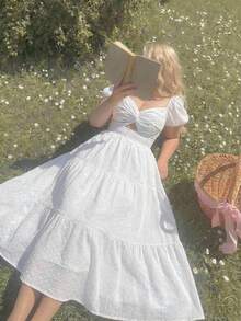 SHEIN MOD 大码白色短袖公主泡泡袖雪纺扭腰长裙 - 白色 - 查看 1