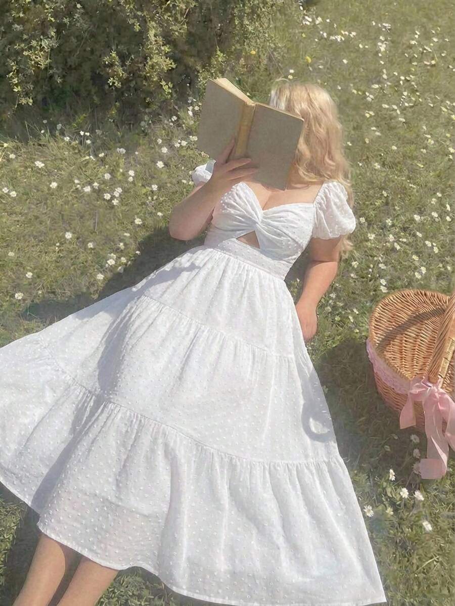 SHEIN MOD 大码白色短袖公主泡泡袖雪纺扭腰长裙 - 白色 - 查看 1