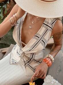 Livesso Women's Geometric Pattern Striped Cropped Top,Front Twist Design,Sleeveless Blouse,Beige,Summer,Boho,Vacation,Holiday,Music Festivals,Casual,Beach - Beige - View 2