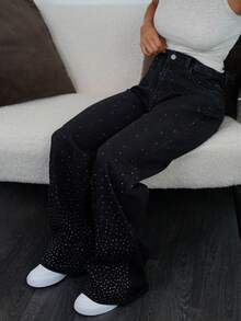 SAYEHFBABY 女式高腰水钻口袋阔腿宽松休闲牛仔裤 - 黑色 - 查看 6