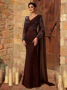 Serin 优雅奢华的咖啡色重工刺绣珠片拼接弹力针织网纱薄纱袖美人鱼褶皱荷叶边连衣裙，适合婚礼、派对、度假、新娘、新娘母亲晚礼服 - 咖啡棕 - 查看 4