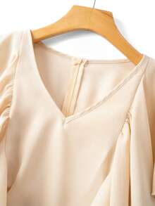 GlowEve CURVE Plus Size Women's New 2-Piece Set, V-Neck Chiffon Ruffle Tie Bow Blouse And Loose Pants, Spring/Summer - Apricot - View 3