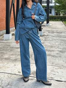 DAZY Teen Girl Casual Everyday Dropped Shoulder Long Sleeve Denim Top And Jeans Set, Autumn - Blue - View 7