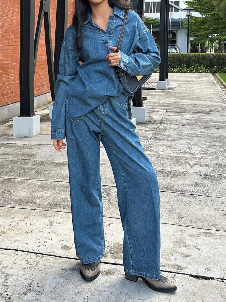 Teen Girl Casual Everyday Dropped Shoulder Long Sleeve Denim Top And Jeans Set, Autumn