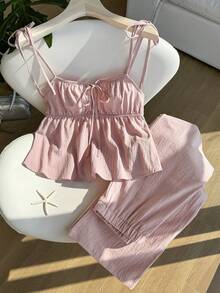 Comfortcana Set Camisole dan Celana Warna Polos Kasual Musim Panas - Dusty Pink - View 7