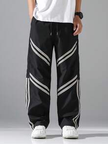 Manfinity Hypemode 男士条纹抽绳腰带口袋休闲直筒裤 - 黑色 - 查看 3