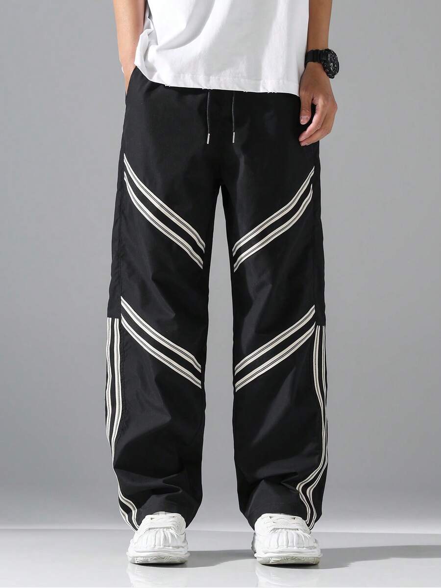 Manfinity Hypemode 男士条纹抽绳腰带口袋休闲直筒裤 - 黑色 - 查看 1