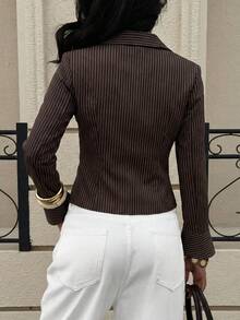 Modelyn Women's Striped Fabric Cupped Ruched V-Neck Slit Cuff Fashionable Slim Fit Blouse, Autumn/Winter - Coffee Brown - View 2