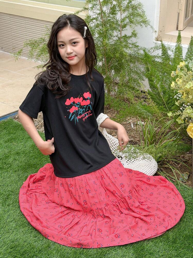 Tween Girl Floral & Letter Print Round Neck Short Sleeve Ruffle Hem Casual Dress