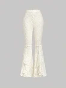 SHEIN MOD Women's Vintage Romantic Date Night Contrast Color Lace Ruffle Hem Apricot Jacquard Flare Pants, Spring/Summer, Romantic, Vintage - Apricot - View 2